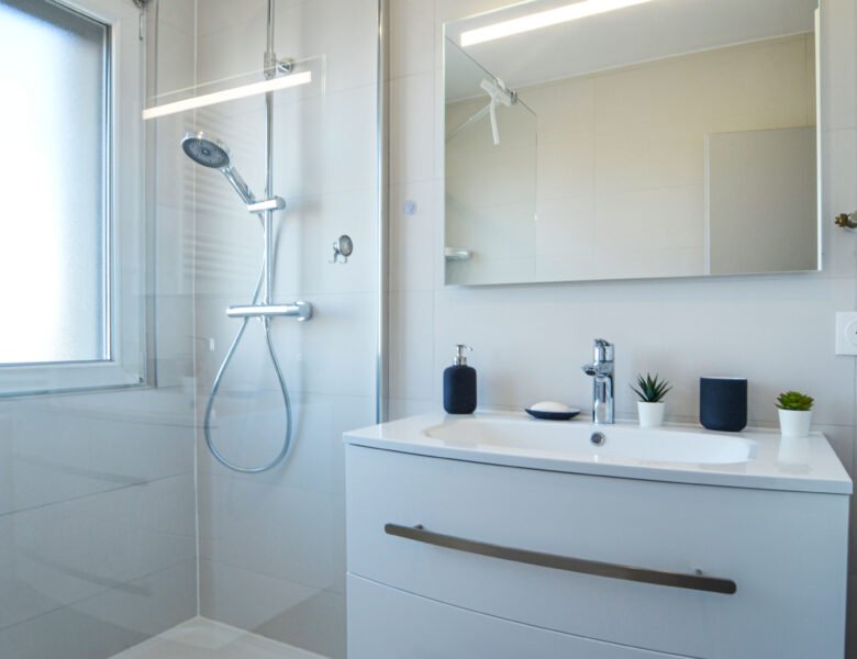 Salle d'eau compacte après rénovation - douche italienne et meuble de rangement